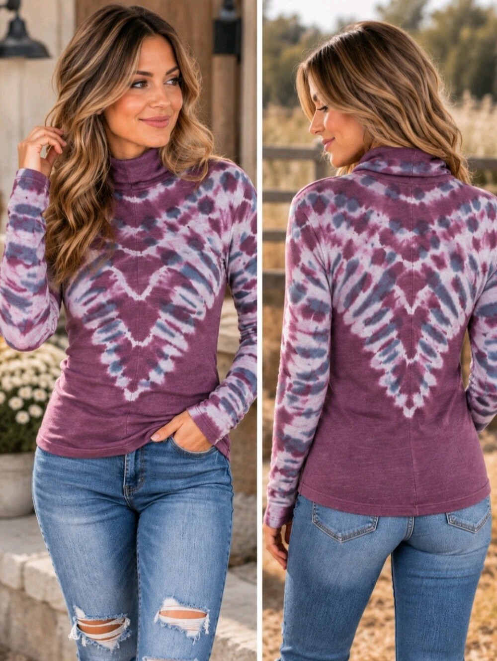 We The Free Purple Tie-Dye Turtleneck Long Sleeve Top